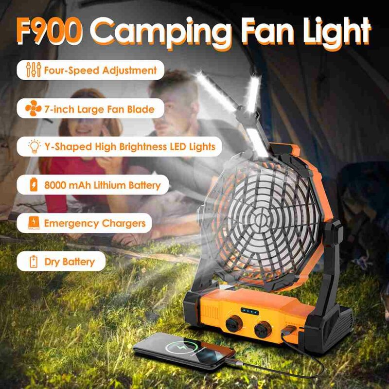 MD-F900 Portable Camping Fan with Light & Hook